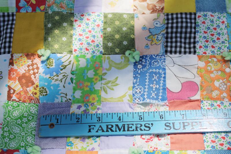 photo of bohemian vintage handmade comforter, colorful prints patchwork blocks tied quilt #11