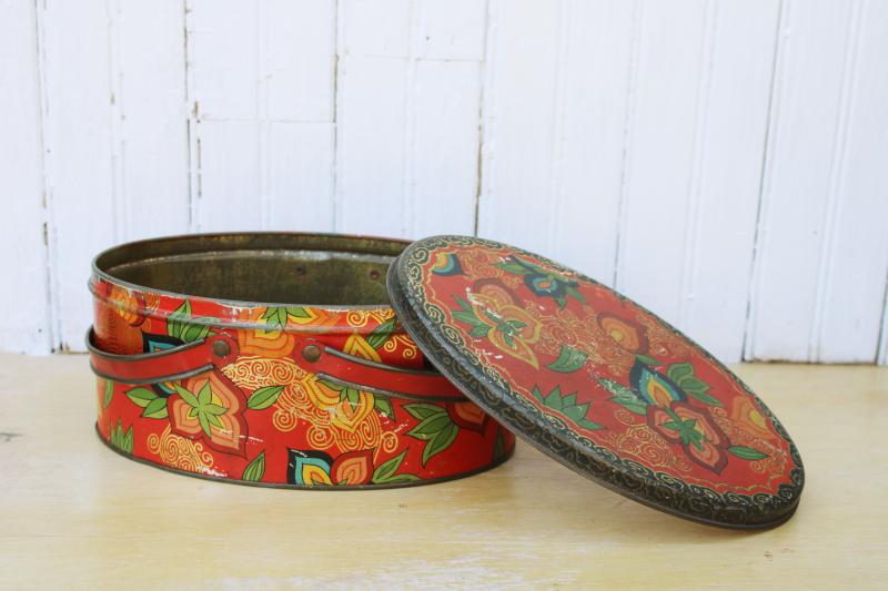 photo of bohemian vintage red paisley print metal tin, oval sewing box w/ lid, basket handles #1