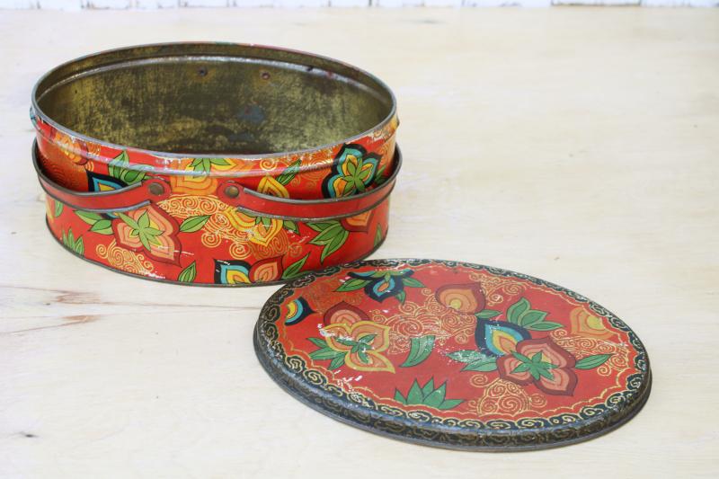 photo of bohemian vintage red paisley print metal tin, oval sewing box w/ lid, basket handles #2