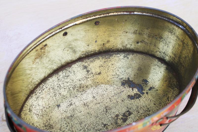 photo of bohemian vintage red paisley print metal tin, oval sewing box w/ lid, basket handles #4