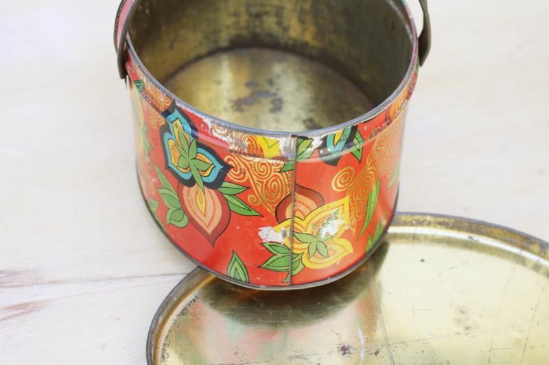 photo of bohemian vintage red paisley print metal tin, oval sewing box w/ lid, basket handles #5