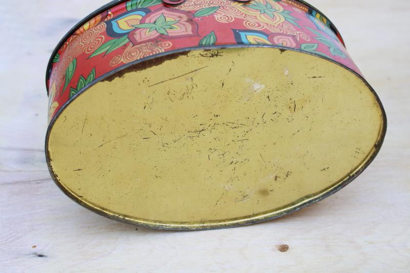 photo of bohemian vintage red paisley print metal tin, oval sewing box w/ lid, basket handles #6