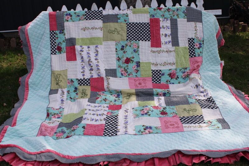 photo of boho embroided patchwork quilt queen size bedspread, girly floral polka dot & pink velvet ruffled #1