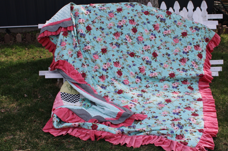 photo of boho embroided patchwork quilt queen size bedspread, girly floral polka dot & pink velvet ruffled #2