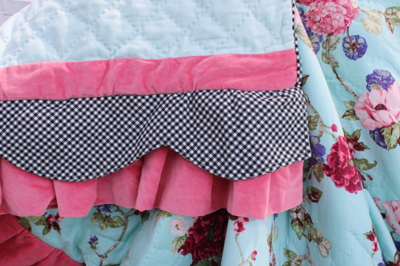 photo of boho embroided patchwork quilt queen size bedspread, girly floral polka dot & pink velvet ruffled #3