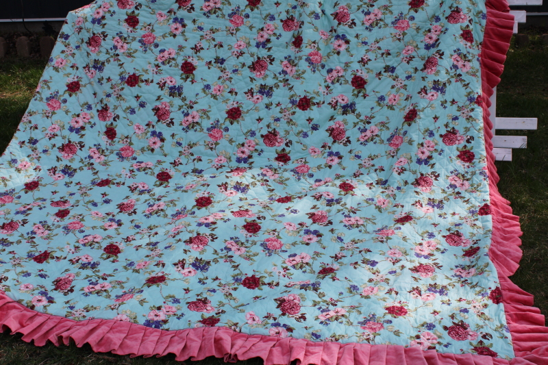 photo of boho embroided patchwork quilt queen size bedspread, girly floral polka dot & pink velvet ruffled #7