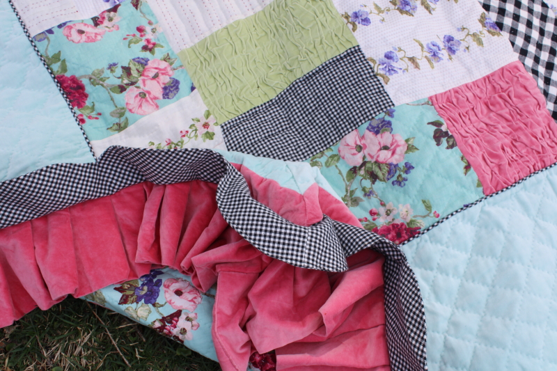 photo of boho embroided patchwork quilt queen size bedspread, girly floral polka dot & pink velvet ruffled #8