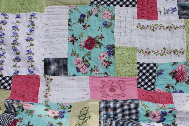 photo of boho embroided patchwork quilt queen size bedspread, girly floral polka dot & pink velvet ruffled #10