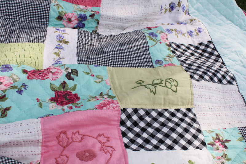 photo of boho embroided patchwork quilt queen size bedspread, girly floral polka dot & pink velvet ruffled #11