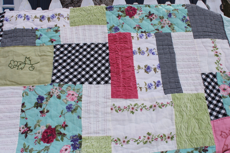 photo of boho embroided patchwork quilt queen size bedspread, girly floral polka dot & pink velvet ruffled #12