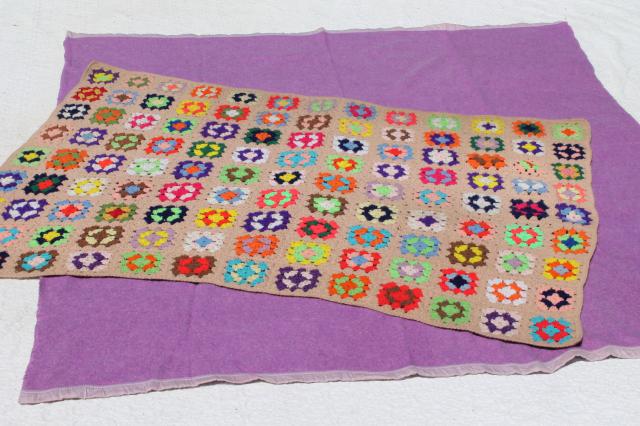 photo of boho retro 70s vintage bedding, colorful granny square afghan & soft purple blanket #2