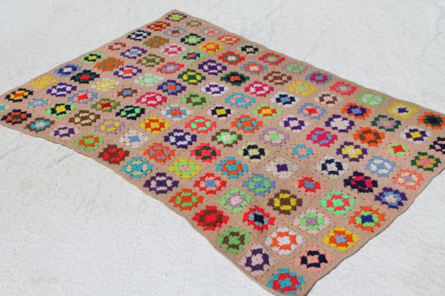 photo of boho retro 70s vintage bedding, colorful granny square afghan & soft purple blanket #6