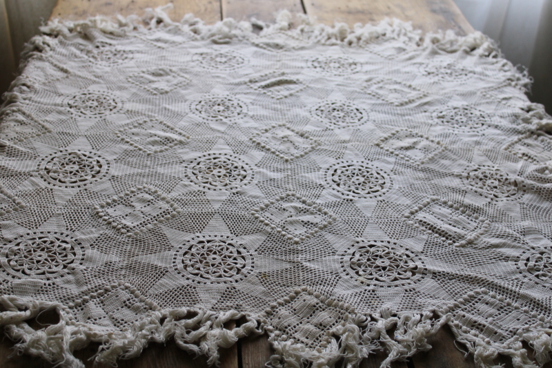 photo of boho vintage lace crochet doily or tablecloth, 8 pointed star motifs fringed table cover #1