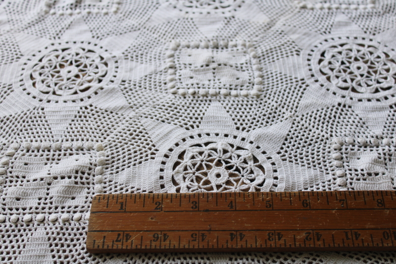 photo of boho vintage lace crochet doily or tablecloth, 8 pointed star motifs fringed table cover  #2