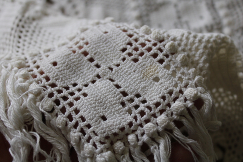 photo of boho vintage lace crochet doily or tablecloth, 8 pointed star motifs fringed table cover  #5