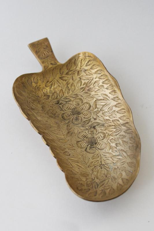 photo of boho vintage large ashtray or leaf shaped dish, made in India solid brass etched bowl #2