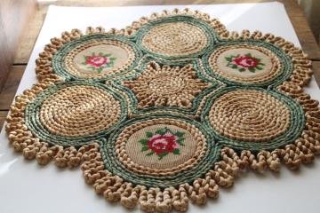 catalog photo of boho vintage mandala flower round jute rug or wall hanging w/ needlepoint roses 