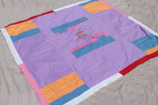 photo of boho vintage quilt w/ running stitch & hand embroidery, color block cotton bed  #3