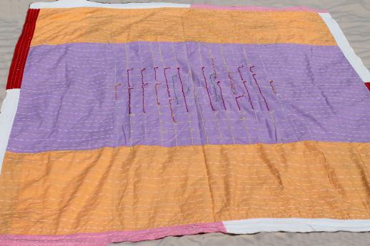 photo of boho vintage quilt w/ running stitch & hand embroidery, color block cotton bed  #4