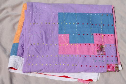 photo of boho vintage quilt w/ running stitch & hand embroidery, color block cotton bed  #5