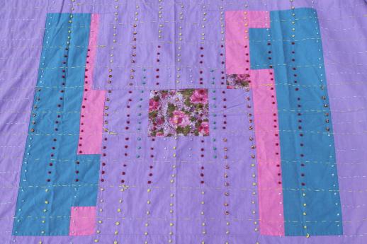 photo of boho vintage quilt w/ running stitch & hand embroidery, color block cotton bed  #6