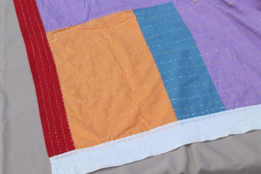 photo of boho vintage quilt w/ running stitch & hand embroidery, color block cotton bed  #9