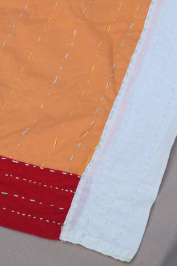 photo of boho vintage quilt w/ running stitch & hand embroidery, color block cotton bed  #10