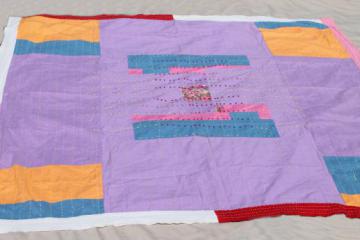catalog photo of boho vintage quilt w/ running stitch & hand embroidery, color block cotton bed 