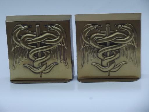 photo of book ends pair heavy brass bookends w/ Caduceus, old PM Craftsman label #1