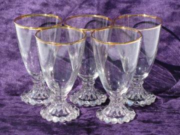 catalog photo of boopie bead footed vintage water glasses, hard to find original gold trim