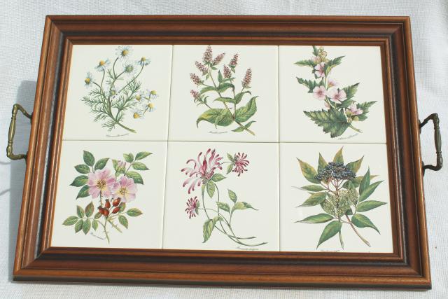 photo of botanical tiles vintage serving tray, wood framed tile tray Tilecrafts Staffordshire England #1