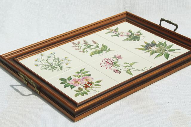 photo of botanical tiles vintage serving tray, wood framed tile tray Tilecrafts Staffordshire England #3