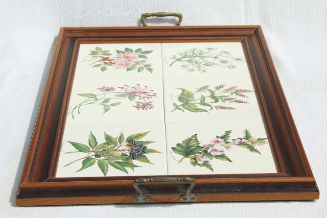 photo of botanical tiles vintage serving tray, wood framed tile tray Tilecrafts Staffordshire England #4