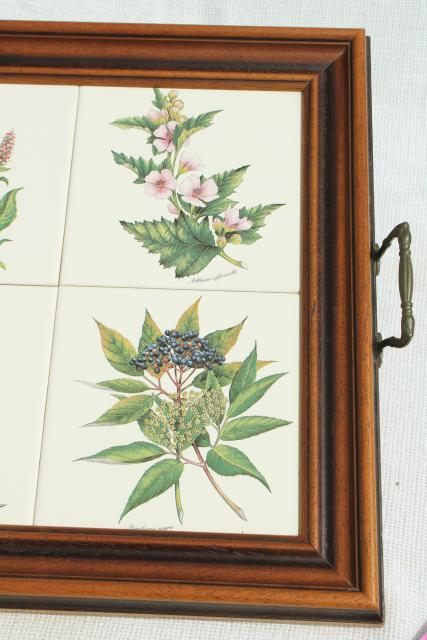 photo of botanical tiles vintage serving tray, wood framed tile tray Tilecrafts Staffordshire England #5