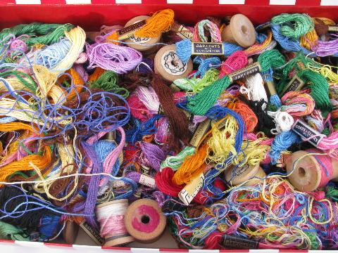 photo of box lot vintage cotton embroidery floss, skeins & old wood spools #2