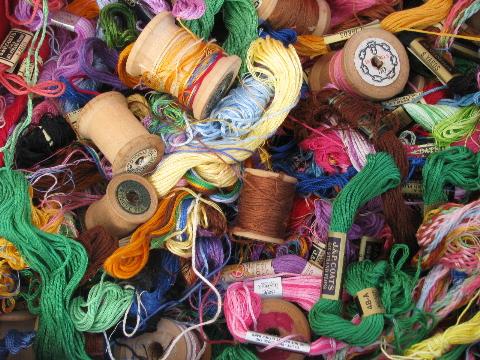 photo of box lot vintage cotton embroidery floss, skeins & old wood spools #3