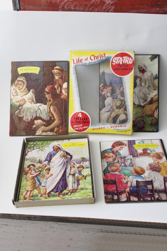 photo of box of vintage cardboard frame jigsaw puzzles Bible scenes for children Sunday school #1