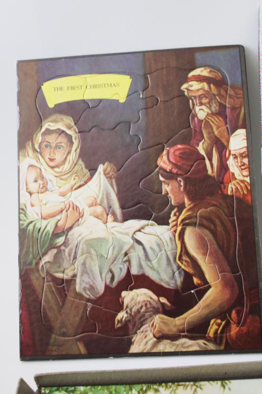 photo of box of vintage cardboard frame jigsaw puzzles Bible scenes for children Sunday school #4