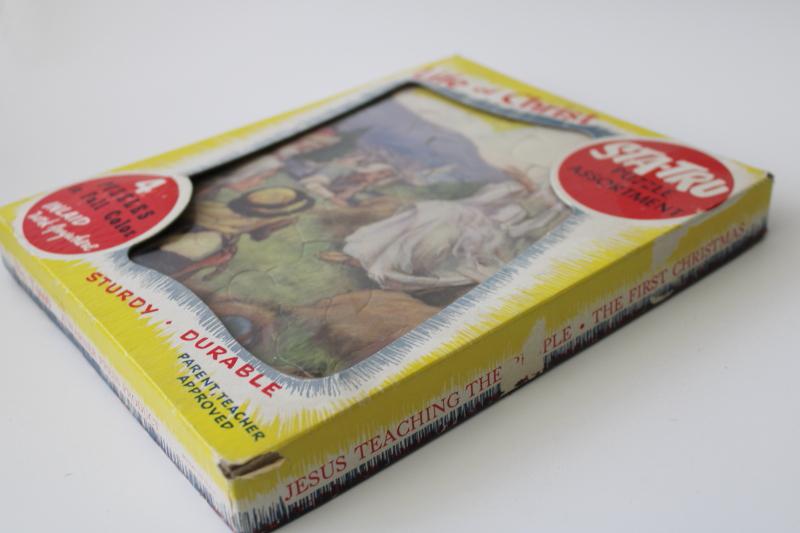 photo of box of vintage cardboard frame jigsaw puzzles Bible scenes for children Sunday school #6