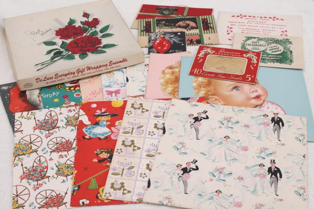 photo of box of vintage gift wrap wrapping paper, cute retro print graphics for party, holidays #1