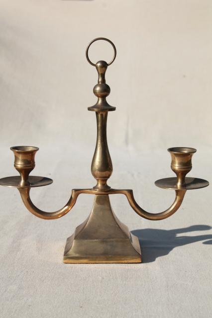 photo of branched brass candlestick, twin light chamber candle stick lamp w/ ring handle #1