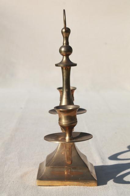 photo of branched brass candlestick, twin light chamber candle stick lamp w/ ring handle #3