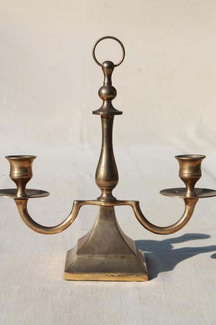 photo of branched brass candlestick, twin light chamber candle stick lamp w/ ring handle #4