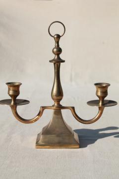 catalog photo of branched brass candlestick, twin light chamber candle stick lamp w/ ring handle