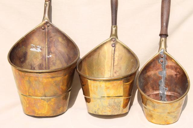 photo of brass dipper pails w/ long wood handles, vintage reproduction antique metalware #10