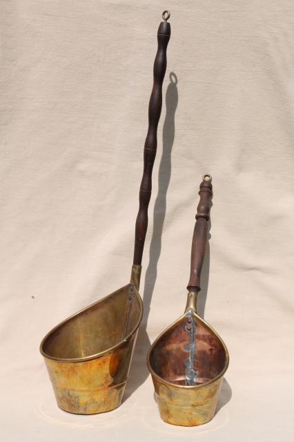 photo of brass dipper pails w/ long wood handles, vintage reproduction antique metalware #11