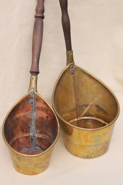 photo of brass dipper pails w/ long wood handles, vintage reproduction antique metalware #12
