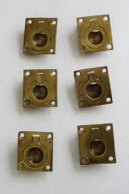 photo of brass flush mount ring pulls, 90s vintage drawer or box handles, reproduction hardware #1