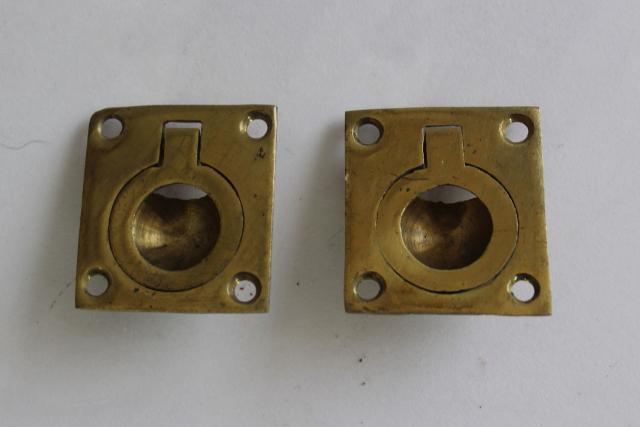 photo of brass flush mount ring pulls, 90s vintage drawer or box handles, reproduction hardware #6