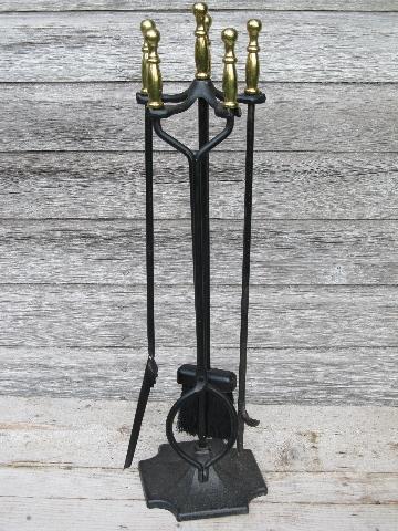 photo of brass handled iron fireplace tools set, Adams - Dubuque stand w/irons #1